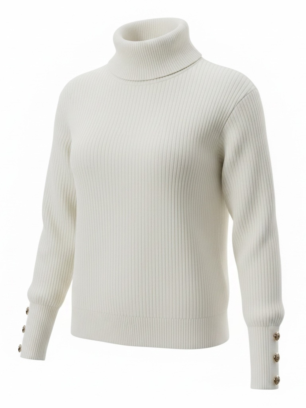 Ribbed Turtleneck Sweater with Button Cuffs - Ivory